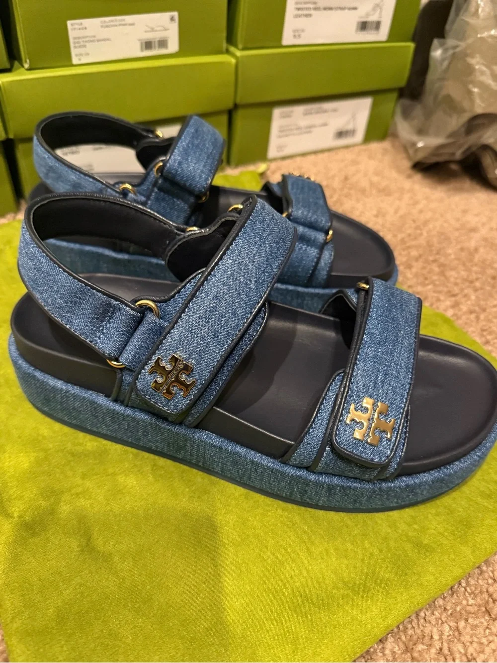 Tory Burch Kids Denim Blue Platform Sandals with Gold Logo